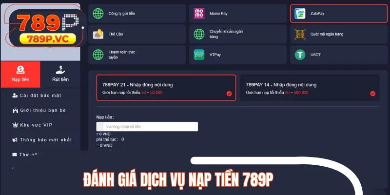 Đánh giá dịch vụ nạp tiền 789P